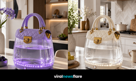 Collection of luxury handbag-inspired LED electric kettles in colourful designs combining fashion aesthetics with modern kitchen décor