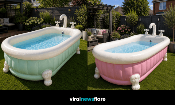 Collection of pastel inflatable bathtub-shaped paddling pools in a stylish suburban garden setting