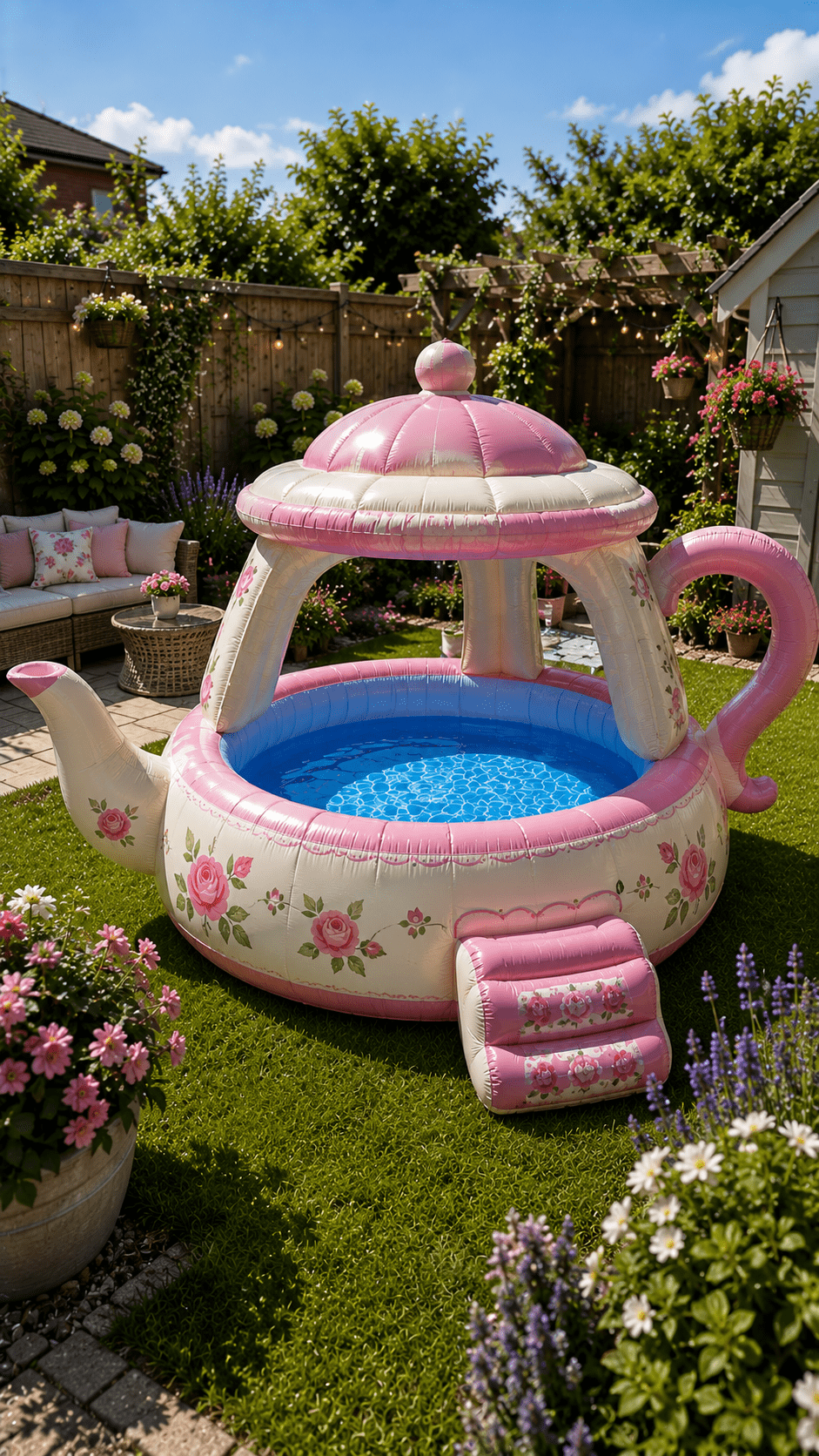 Pink inflatable teapot paddling pool with floral print and canopy in a sunny garden surrounded by colourful flowers and outdoor seating.