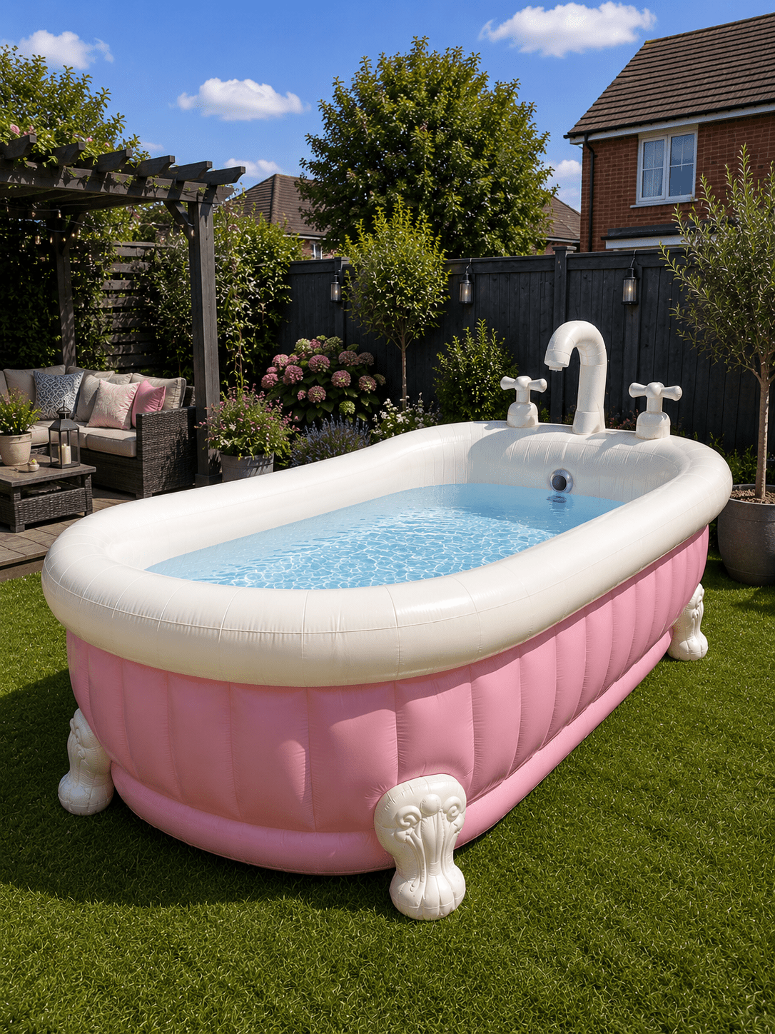 Pink inflatable bathtub-shaped paddling pool with oversized taps and clear water in a modern garden