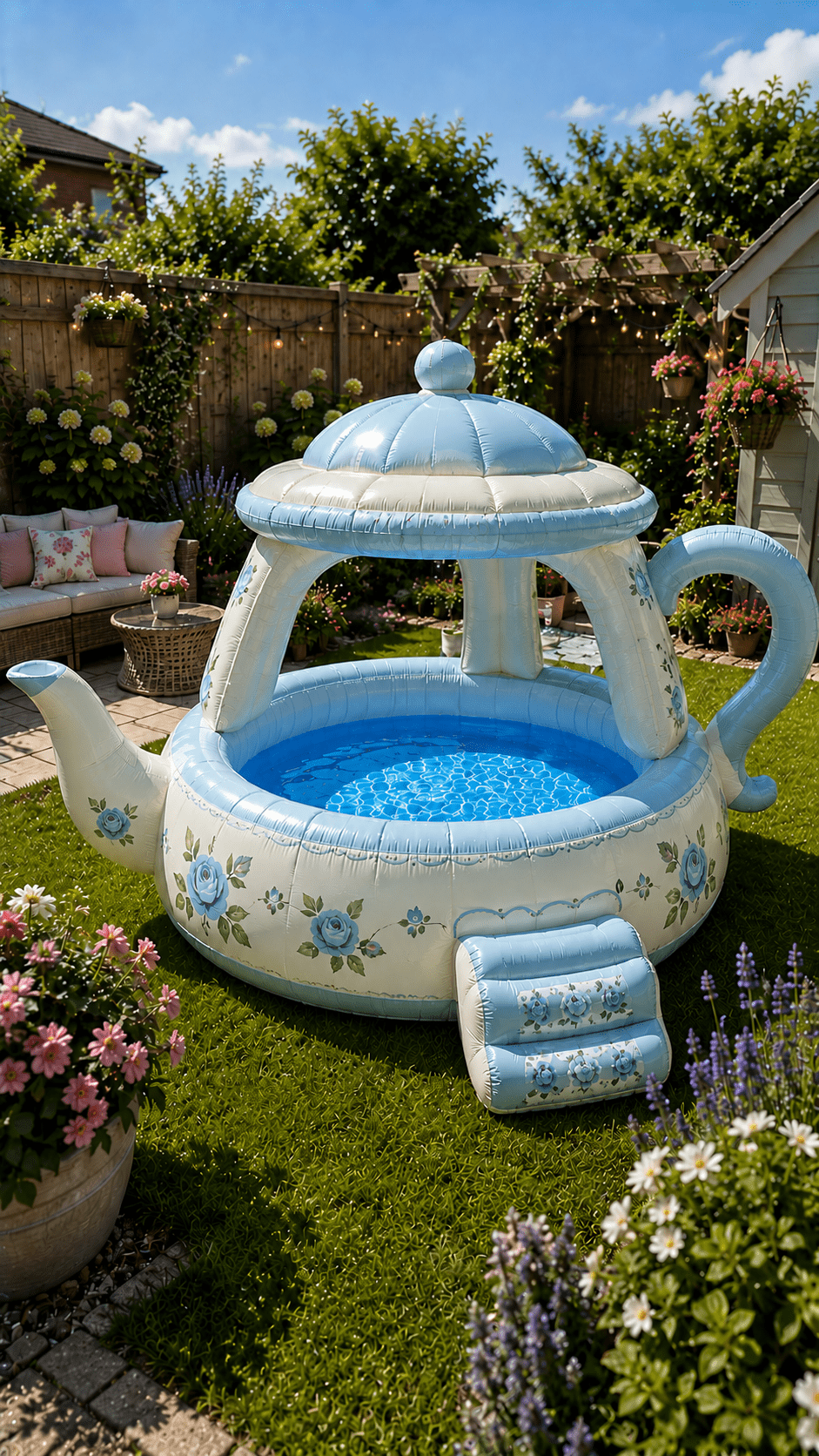 Pale blue inflatable teapot swimming pool with floral decorations in a modern garden creating a whimsical summer centrepiece.