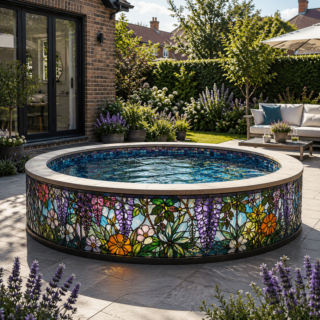 Decorative stained glass paddling pool with vibrant flowers and botanical artwork in a modern garden setting.