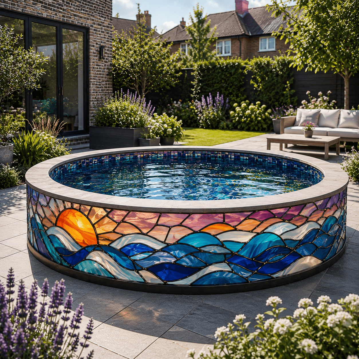 Artistic stained glass paddling pool featuring colourful sunset skies and flowing ocean wave patterns.