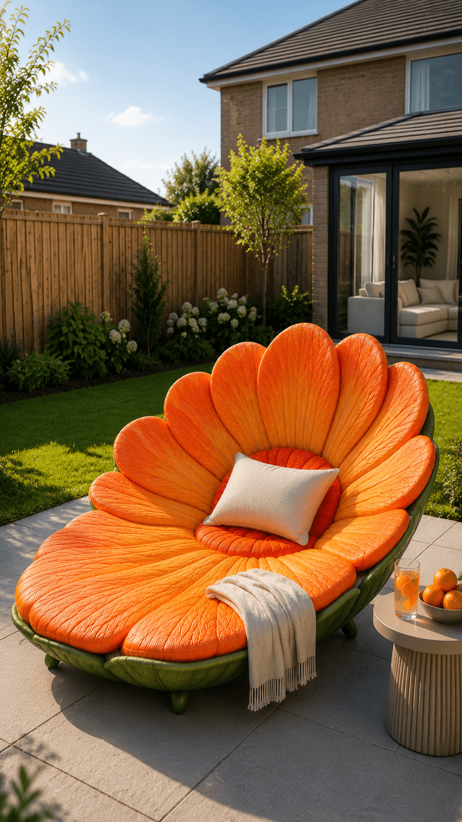 Bright orange flower-inspired luxury garden lounger in a modern suburban garden with patio and landscaped lawn.