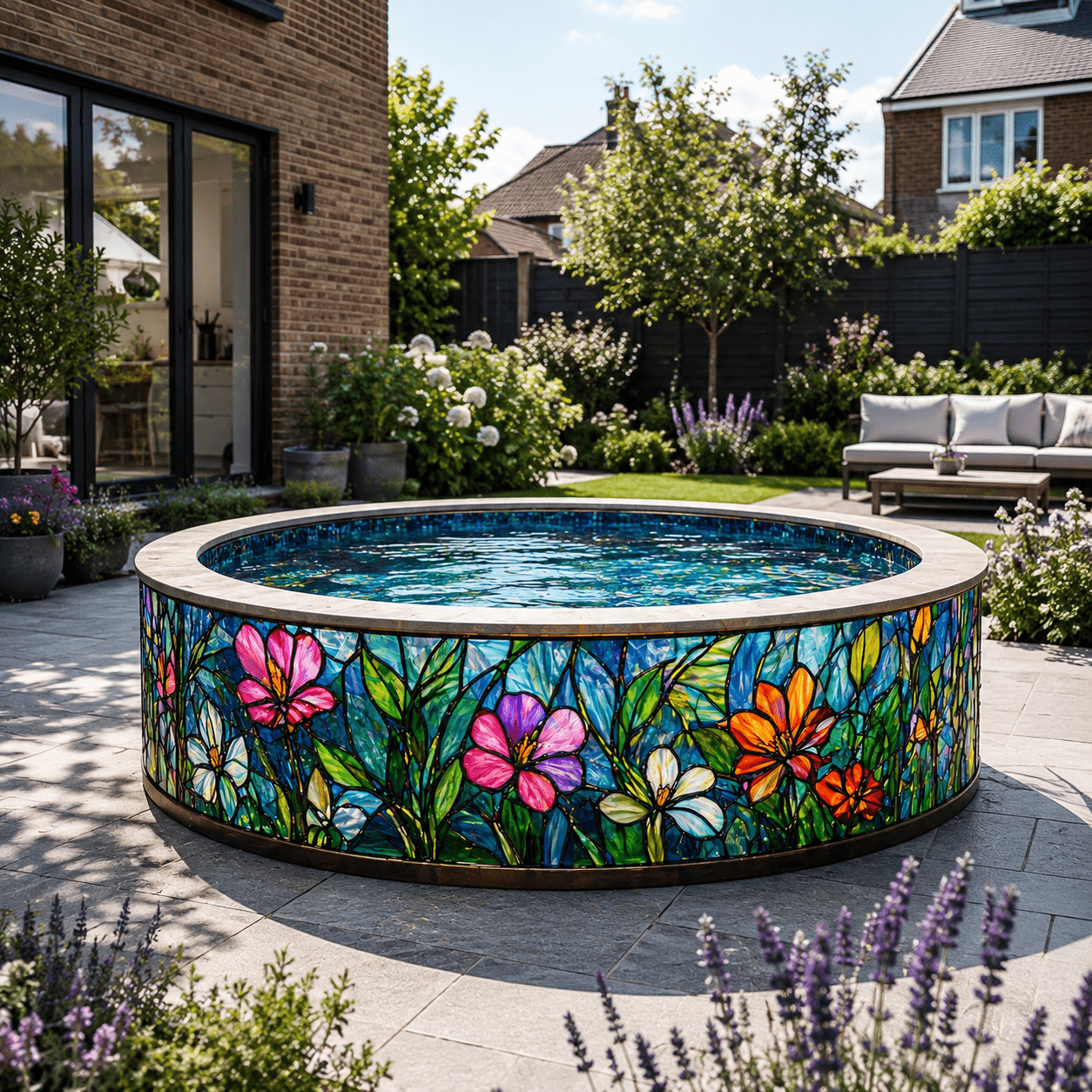 Round paddling pool with bright stained glass floral artwork surrounded by flowers and outdoor seating.