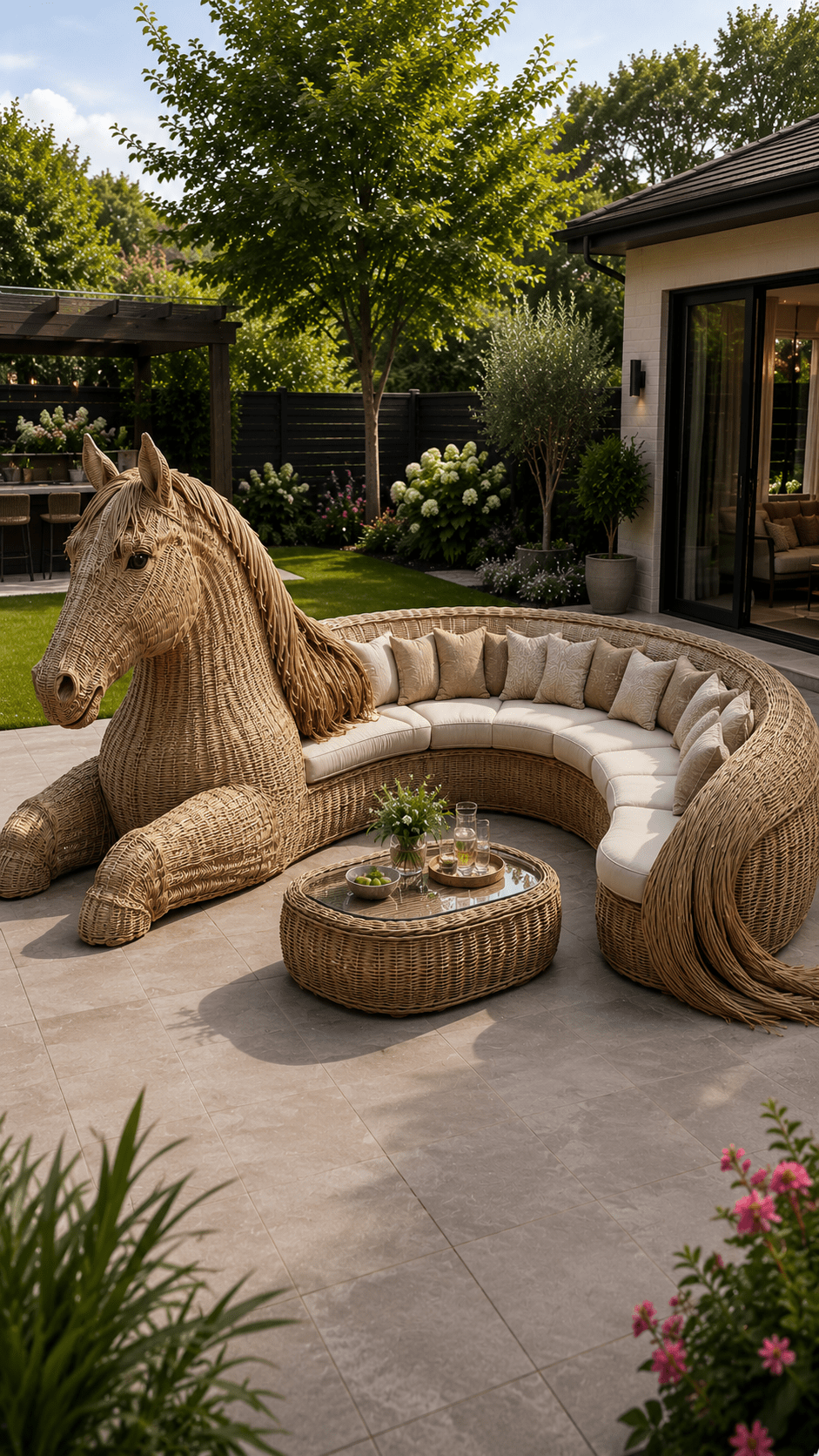 Horse-shaped rattan outdoor sofa with cream cushions and woven coffee table in a modern backyard