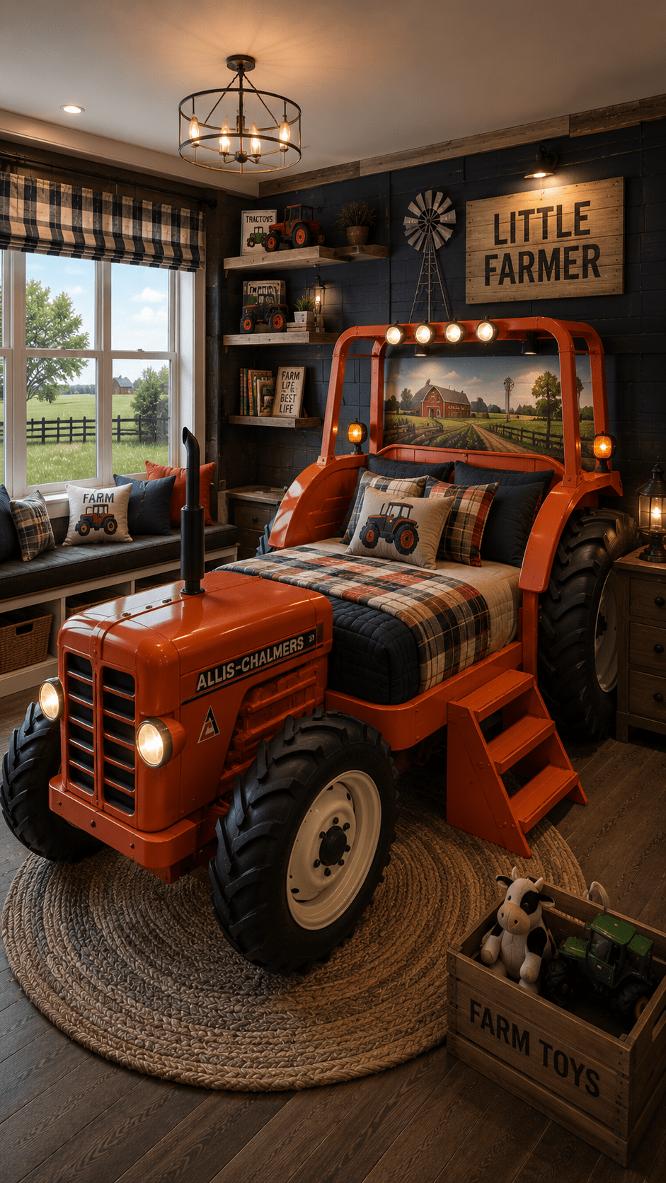 Orange tractor bed with farmhouse styling, navy bedding and country-themed children's bedroom interior.