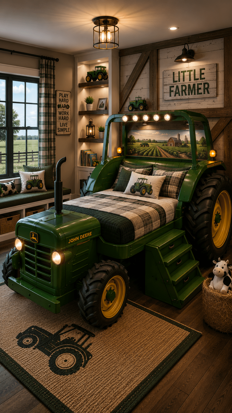 Green tractor-inspired bed with plaid bedding, farmhouse shelving and countryside children's bedroom design.