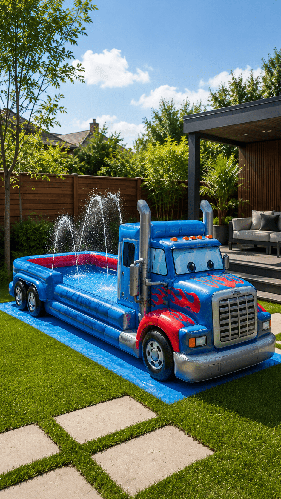 Blue and red flame-themed inflatable pool with fountain sprays on a sunny garden lawn.