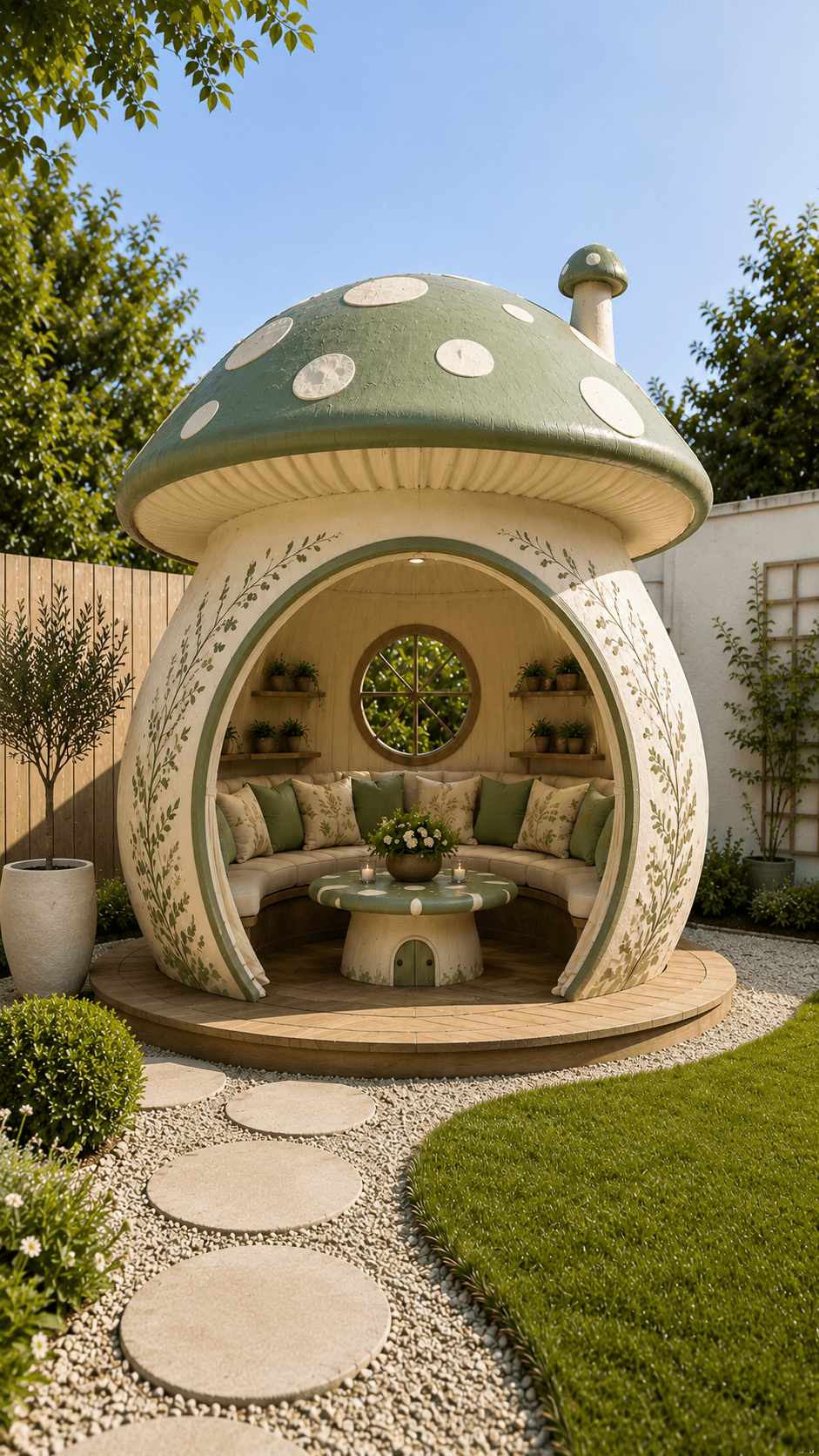 Sage green mushroom garden pod with built-in seating, botanical details and landscaped modern garden surroundings