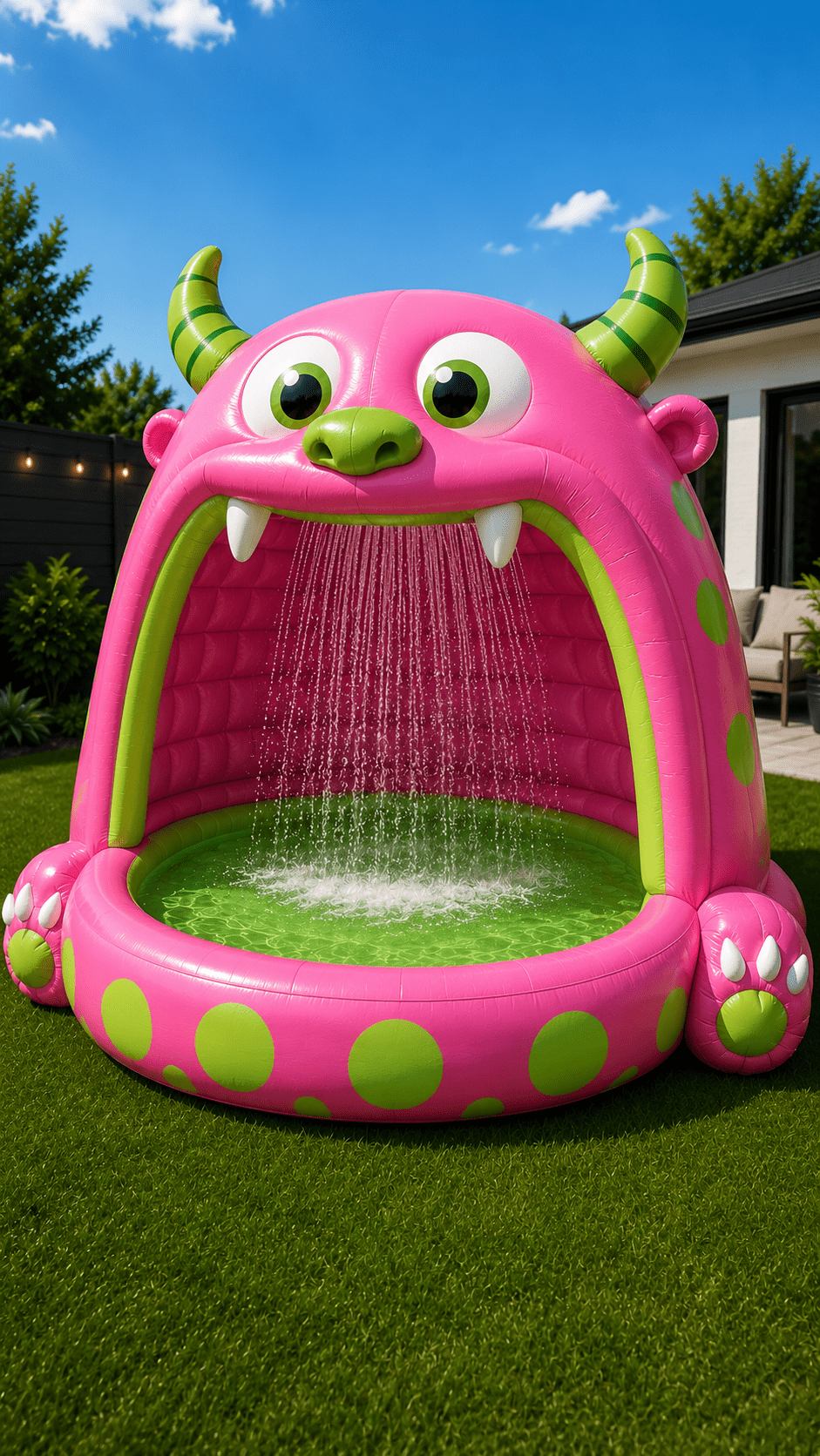 Pink inflatable monster paddling pool with green accents and waterfall feature on a sunny garden lawn.
