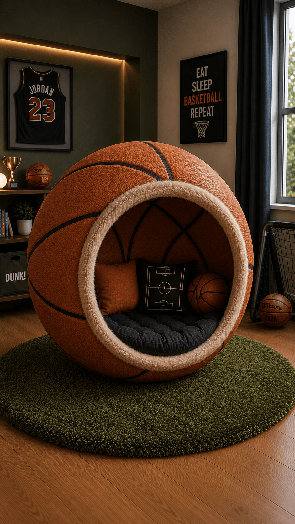 Giant basketball-inspired reading pod chair featuring plush seating inside a contemporary basketball-themed room.