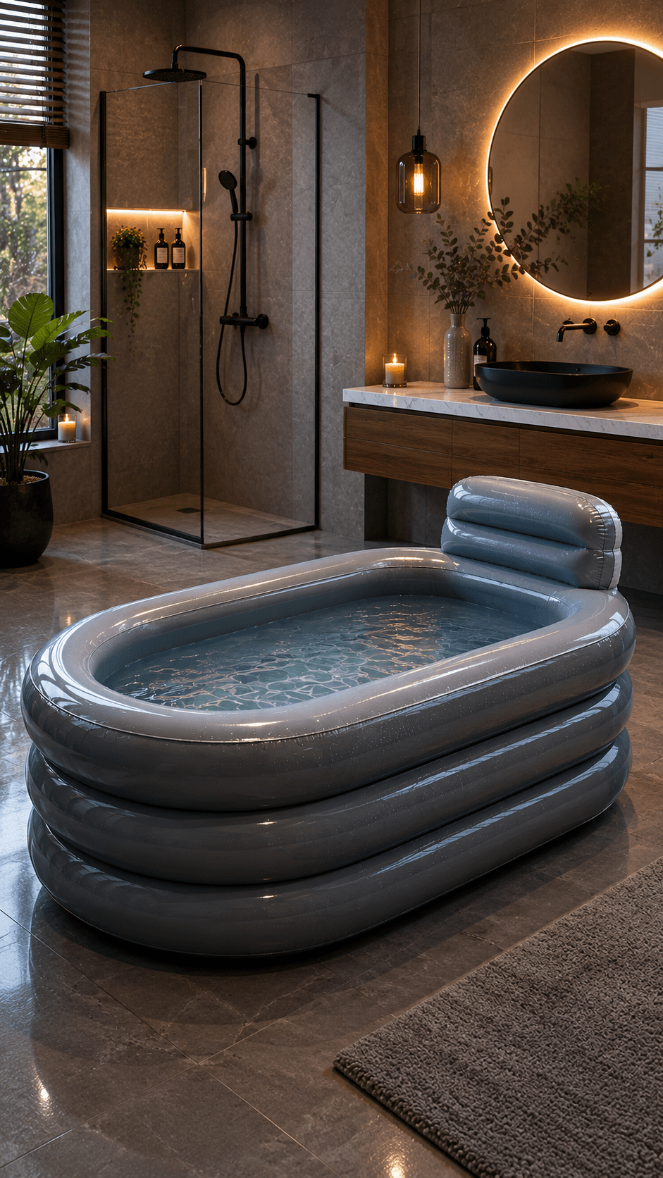 Charcoal grey pool in a modern minimalist bathroom with black fixtures, ambient lighting and contemporary décor.