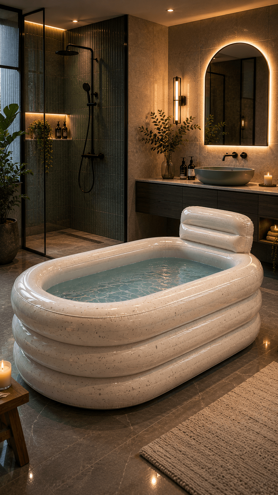 Terrazzo-inspired white inflatable bathtub pool with integrated headrest in a luxurious spa-style bathroom featuring warm lighting and modern finishes.
