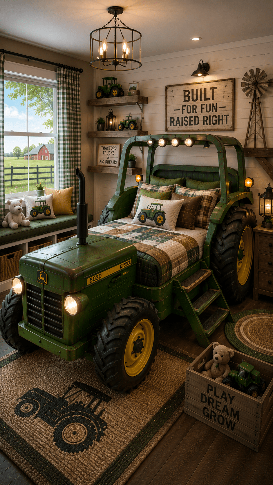Rustic green tractor bed with country décor, farmhouse accessories and cosy children's bedroom inspiration.