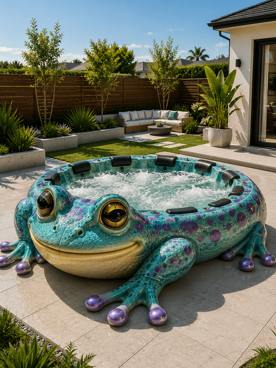 Turquoise frog-shaped luxury spa with purple detailing positioned on a modern outdoor patio.