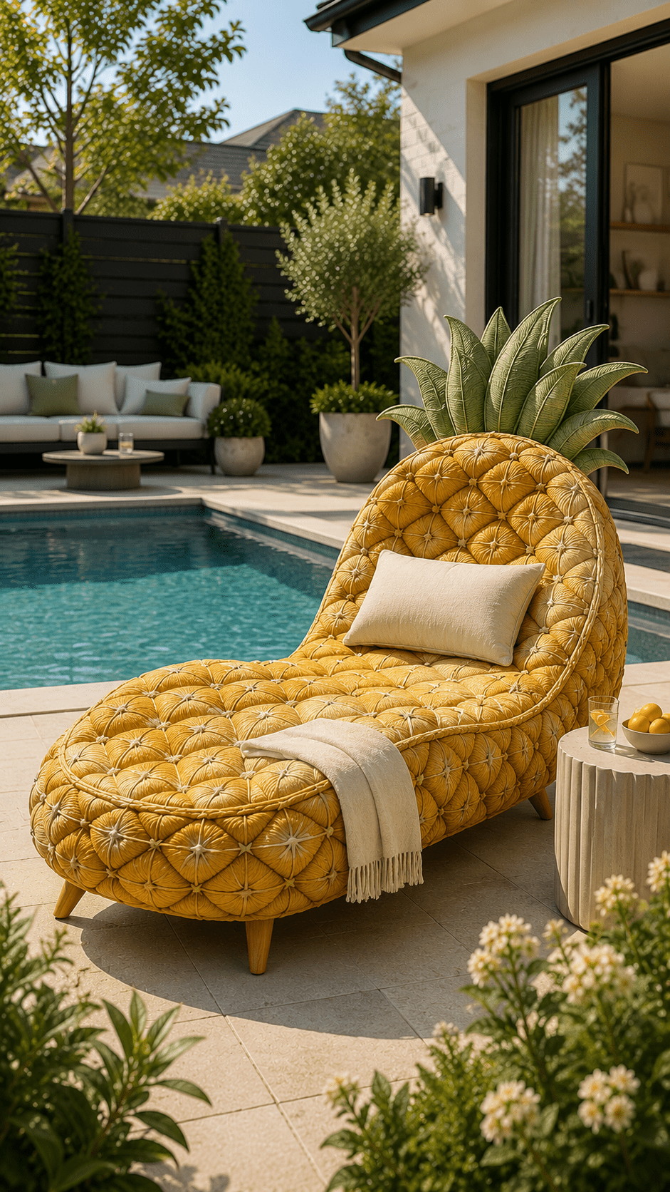 Pineapple-inspired luxury outdoor chaise lounge with quilted golden upholstery and decorative tropical leaves
