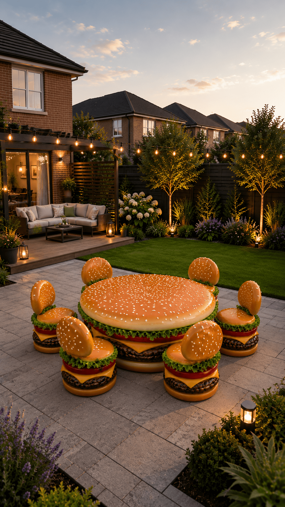 Novelty outdoor dining set shaped like a giant cheeseburger with matching burger-themed chairs in a landscaped garden