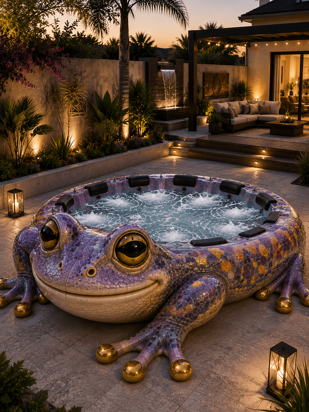 Elegant purple frog-shaped hot tub illuminated by evening garden lighting in a luxury outdoor setting.