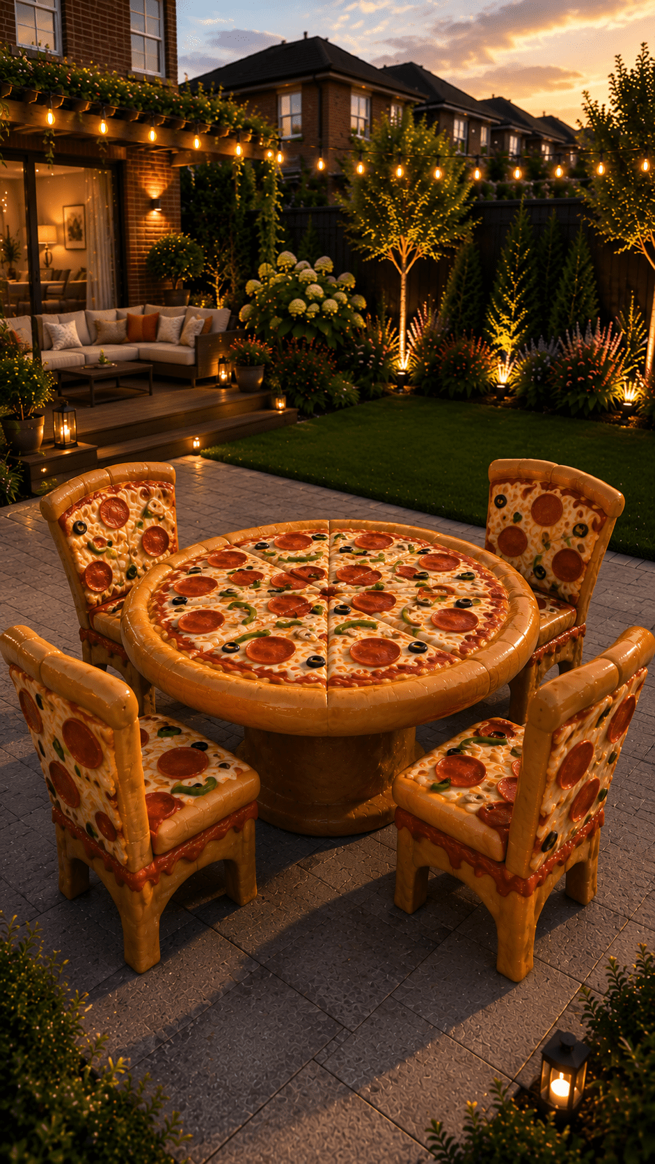 Creative pizza-shaped garden dining table with matching pizza slice-inspired chairs in an elegant outdoor entertainment space