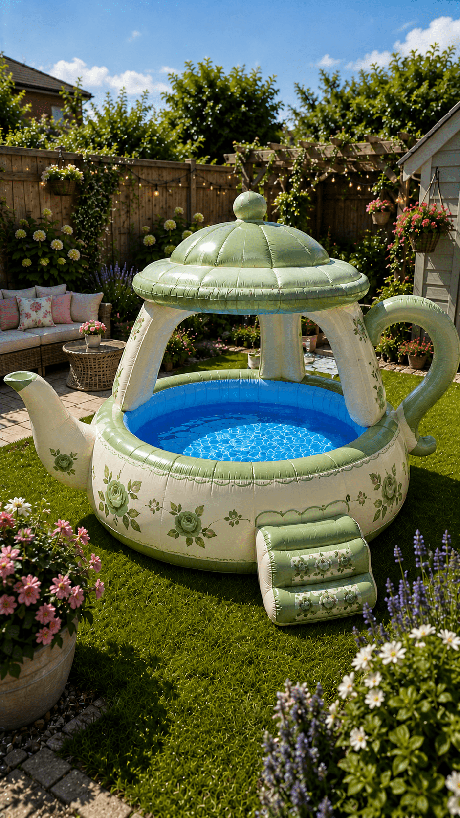Sage green inflatable teapot garden pool with floral patterns and bright blue water in a beautifully landscaped family garden.