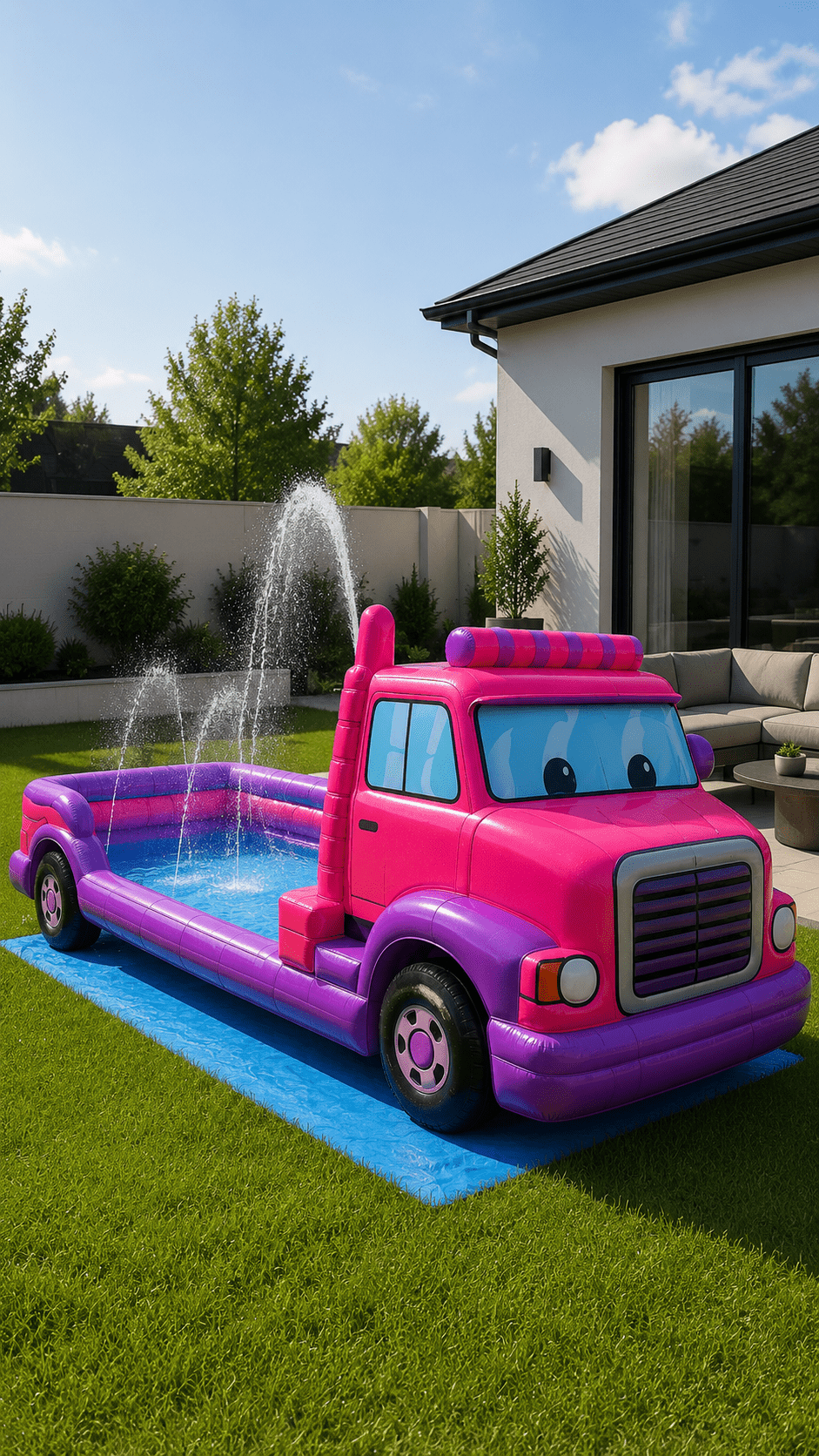 Colourful pink and purple inflatable truck paddling pool with water fountains in a contemporary outdoor space.