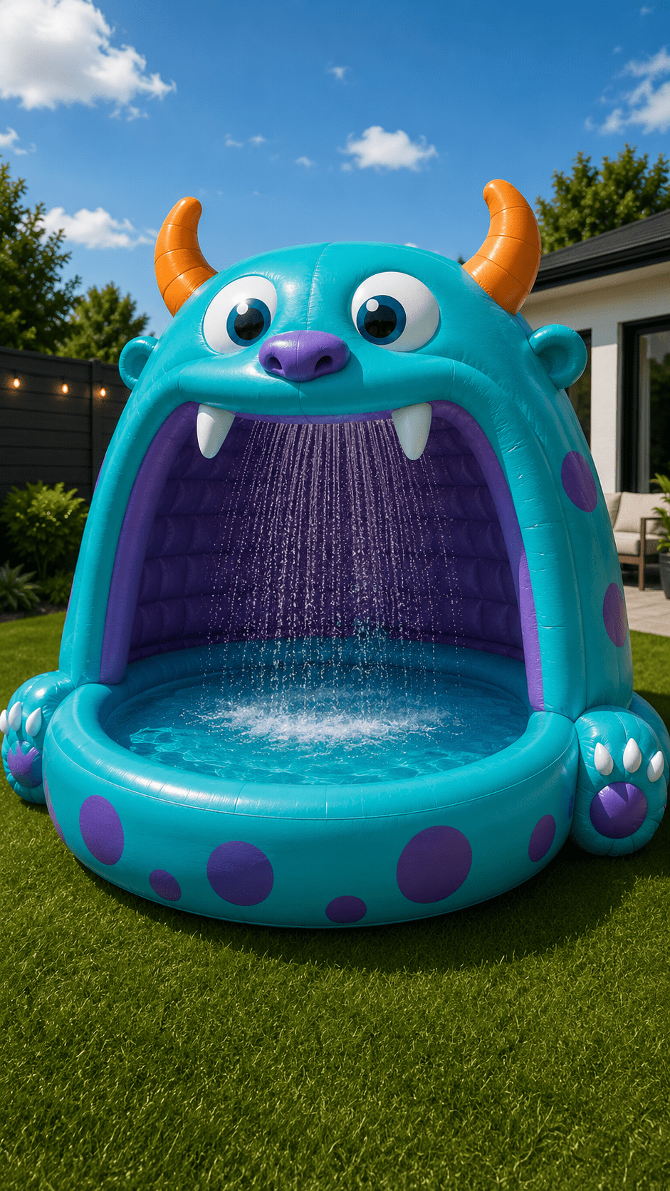 Turquoise blue monster paddling pool with purple details and built-in cascading water sprayer.