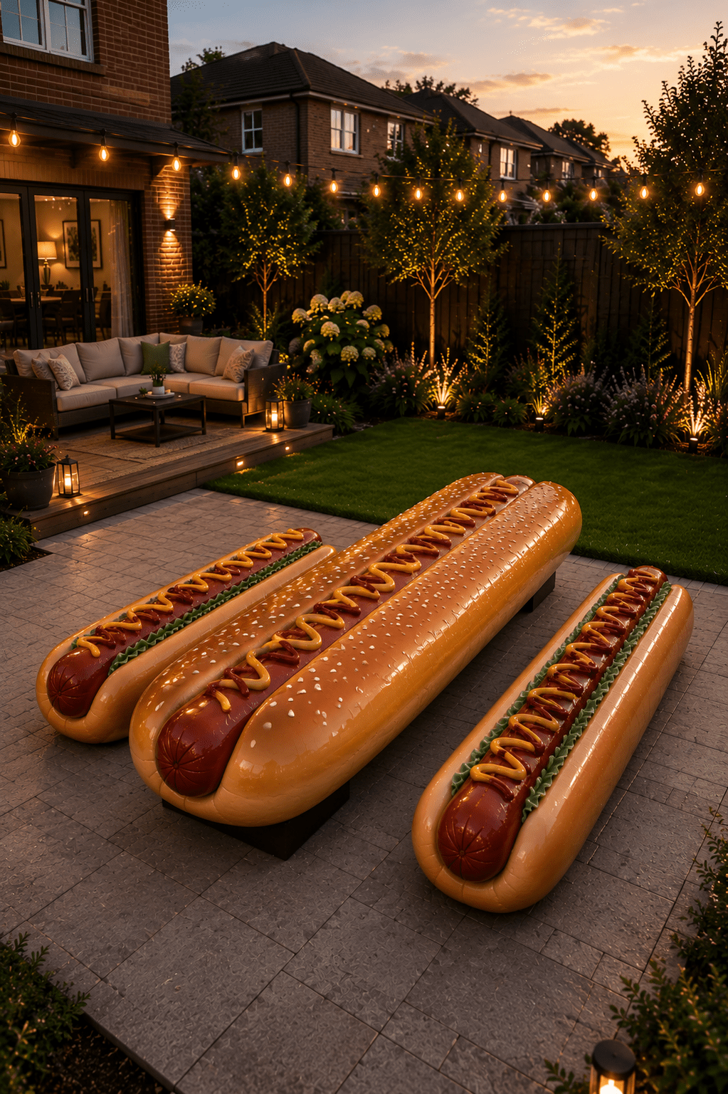 Oversized hot dog-shaped garden benches with ketchup and mustard detailing positioned in a stylish landscaped garden