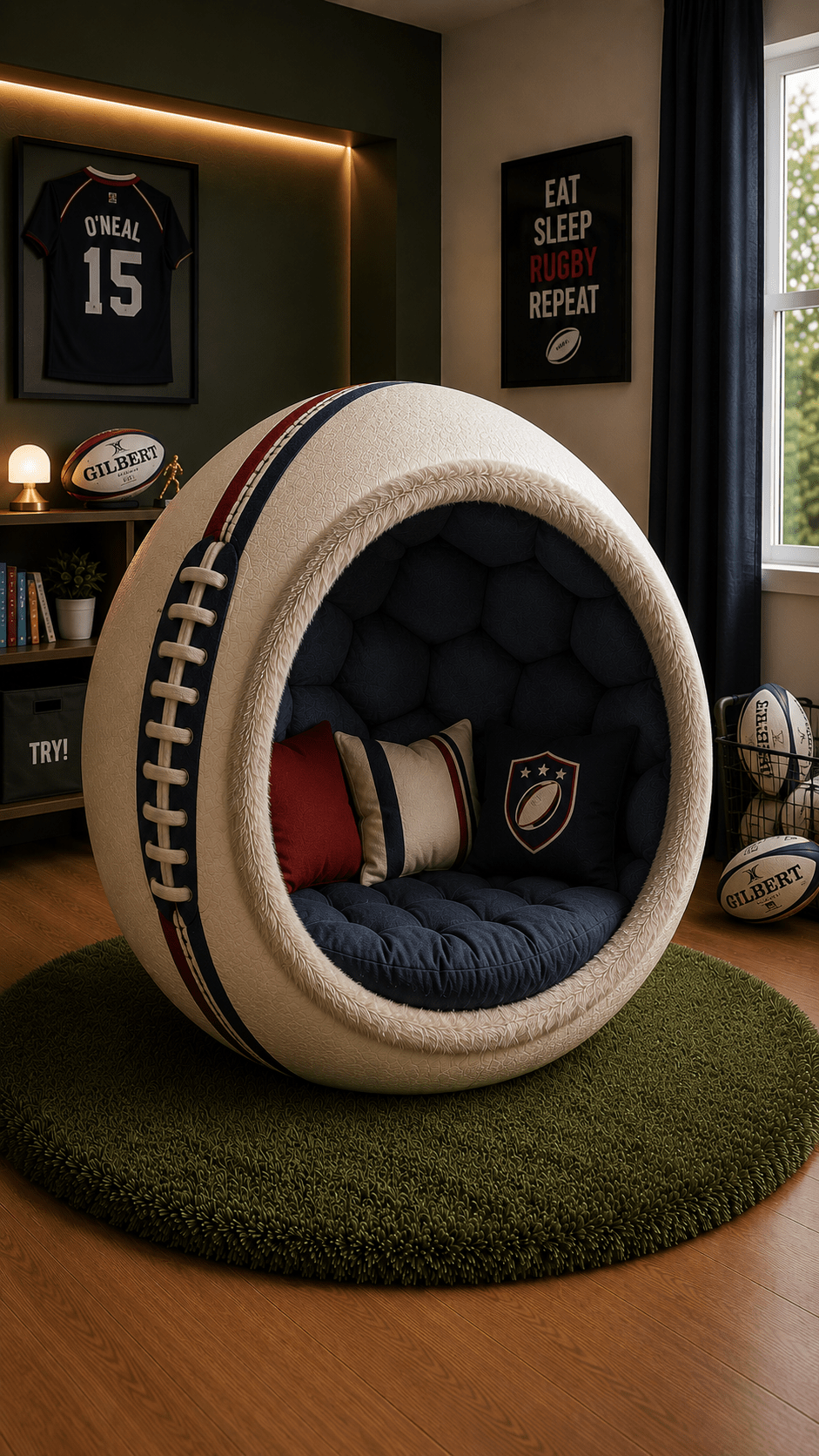 Luxury rugby ball reading pod chair with soft padded interior in a modern rugby-themed bedroom.