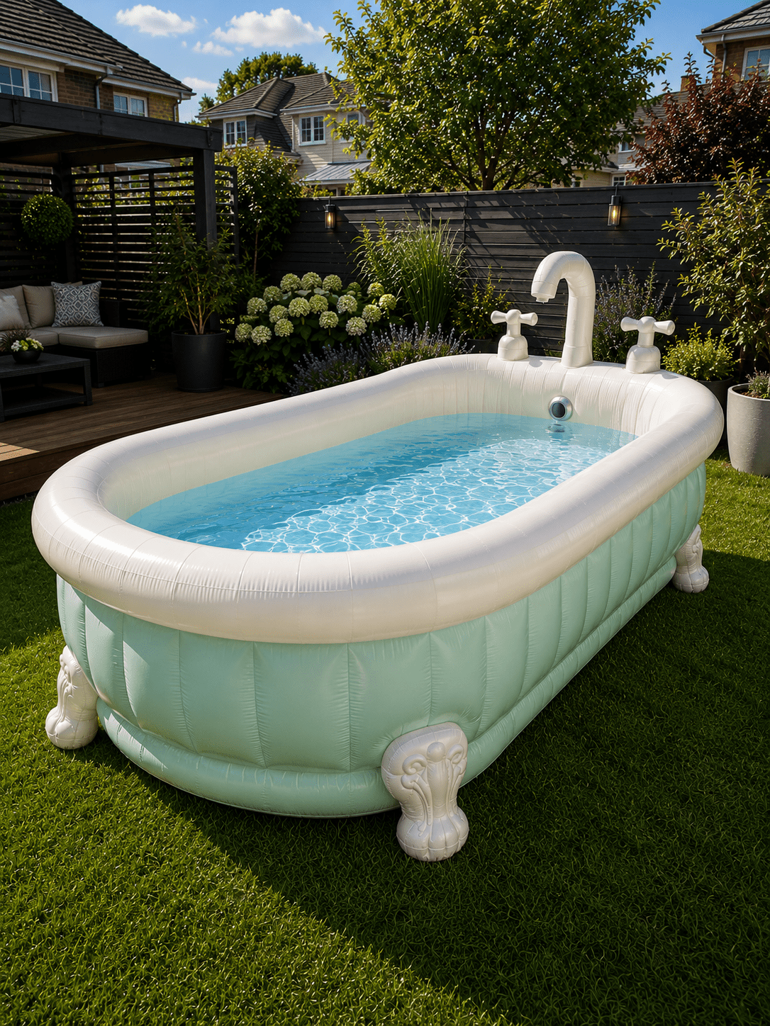 Mint green inflatable bathtub-style paddling pool surrounded by contemporary garden landscaping