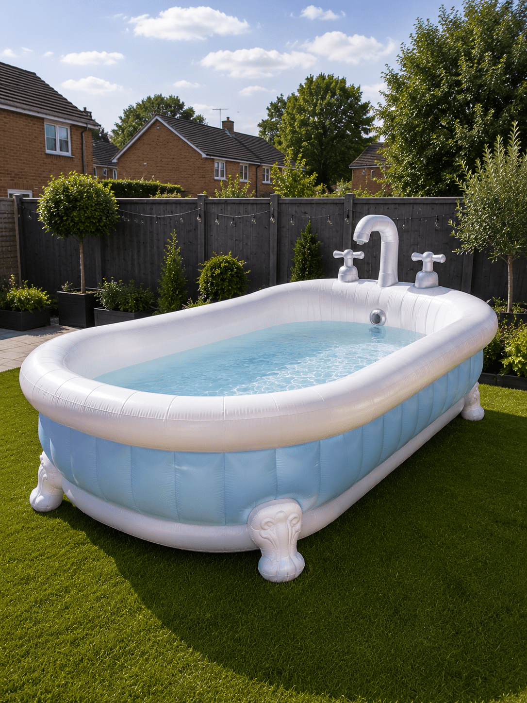 Blue inflatable bathtub-shaped paddling pool with decorative feet positioned on a sunny garden lawn