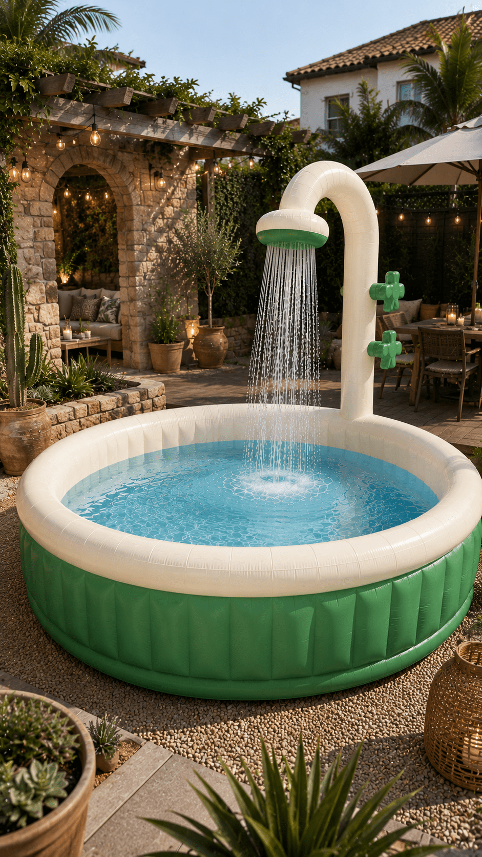 Green inflatable shower pool featuring an overhead rainfall shower in a Mediterranean-inspired garden.