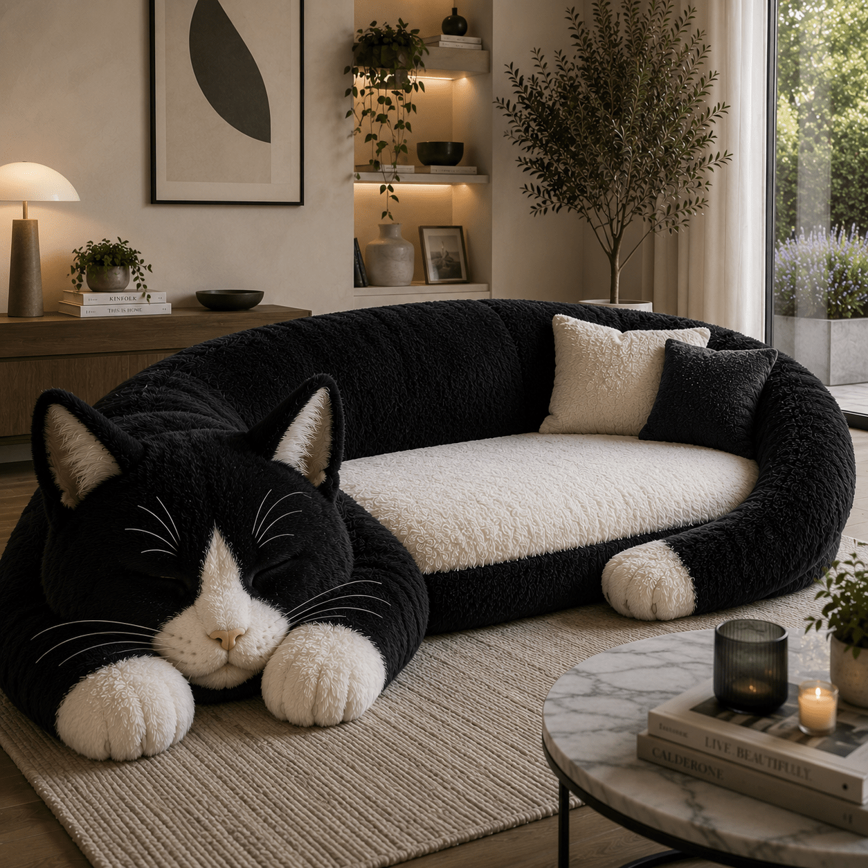 Luxury black and white tuxedo cat-shaped plush sofa with soft teddy fabric in a stylish contemporary living room.