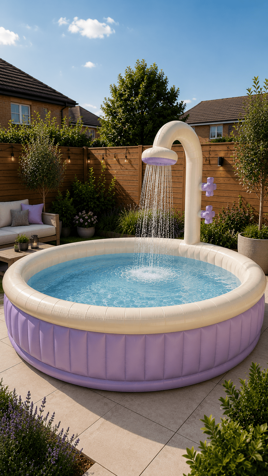 Lavender inflatable shower pool with built-in overhead shower in a stylish contemporary back garden.
