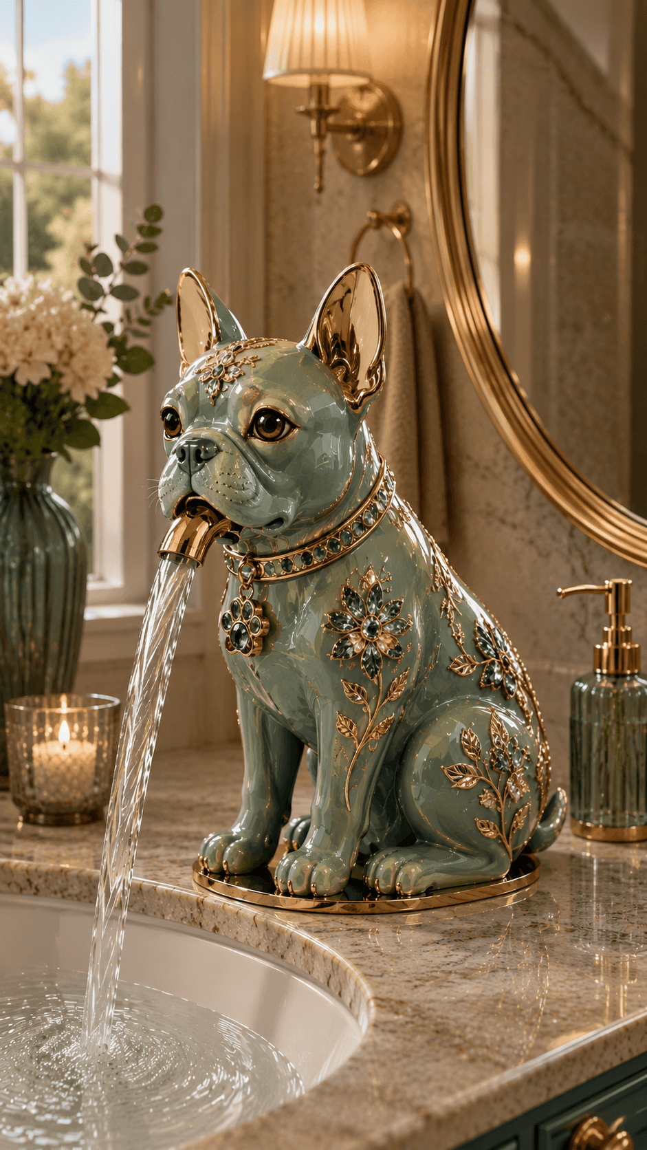 Decorative mint green French Bulldog bathroom faucet featuring gold accents and floral embellishments above a luxury basin.