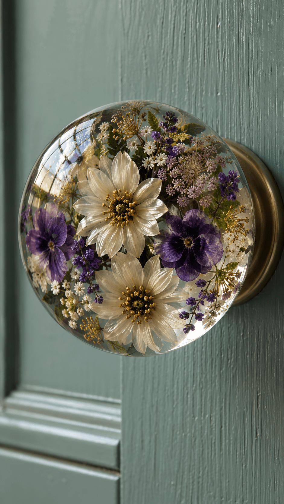 Crystal-clear floral resin door knob featuring white flowers, purple wildflowers and botanical greenery on a sage green door.