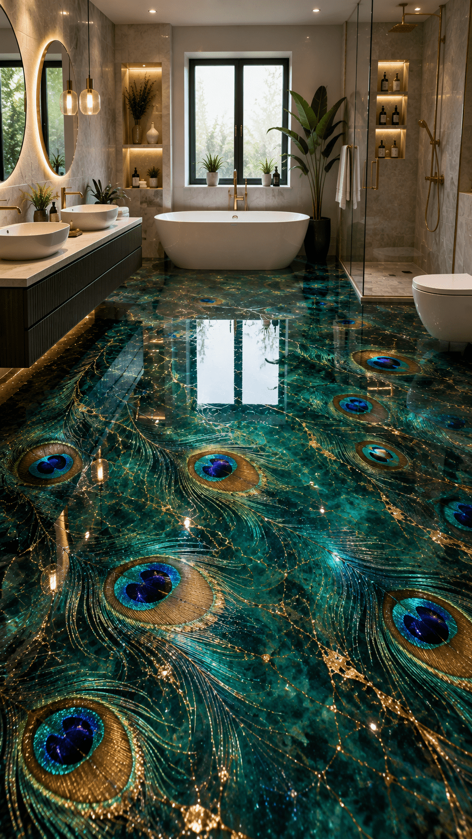 Contemporary bathroom showcasing emerald green peacock feather epoxy resin flooring with gold veining and luxury fixtures.