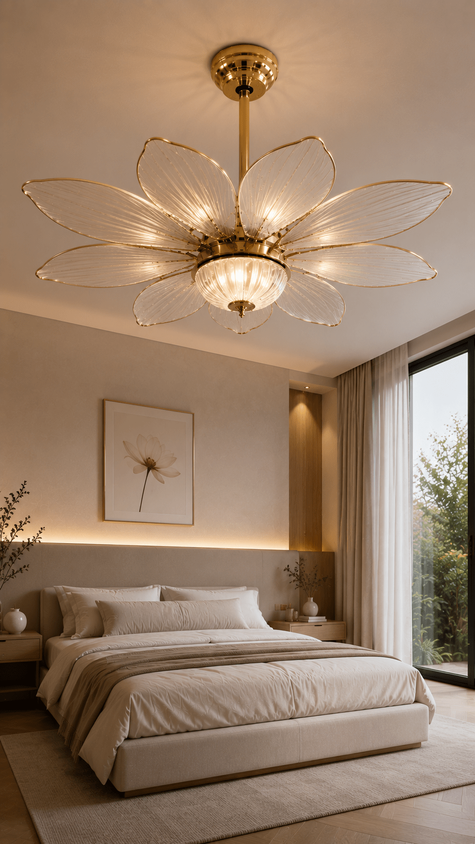 Elegant neutral bedroom featuring a gold flower petal ceiling light and contemporary minimalist décor.