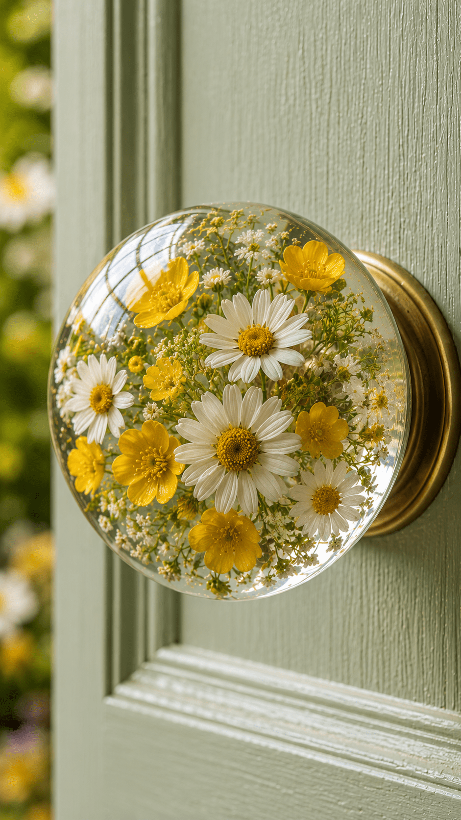 Handmade floral resin door knob featuring white daisies, yellow buttercups and preserved wildflowers in transparent resin.