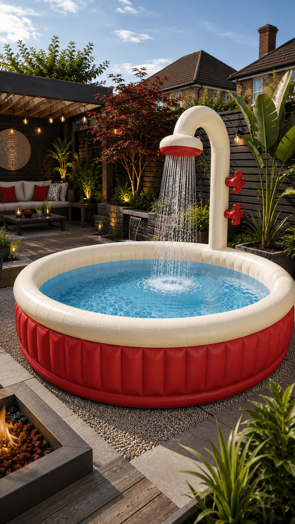 Red inflatable shower pool with overhead shower creating a luxury spa-inspired outdoor relaxation area.