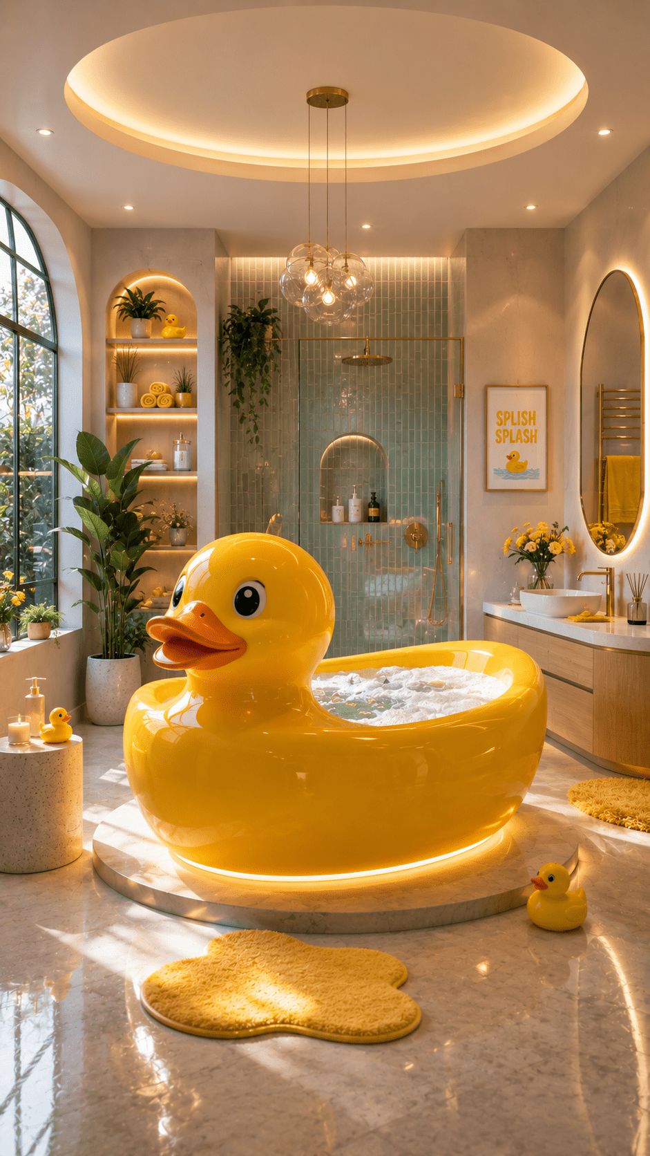 Large Rubber Duck Bathtub in a luxurious spa-style bathroom featuring marble flooring, ambient lighting and elegant décor.