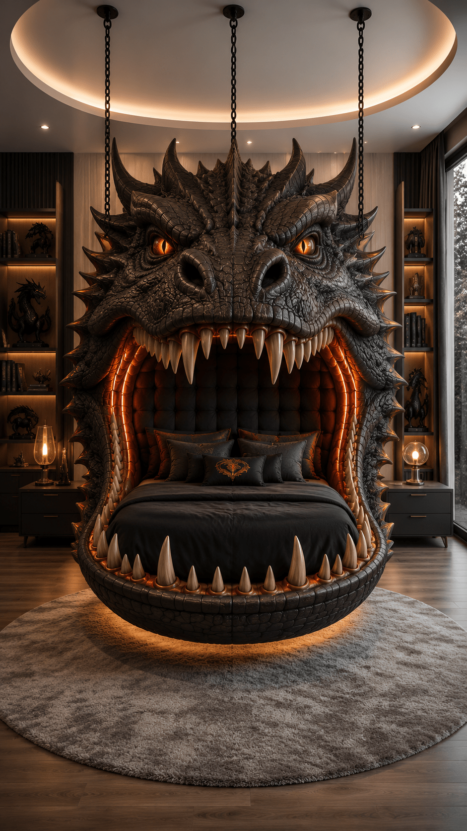 Luxury black dragon head hanging bed suspended from chains with glowing amber lighting inside a modern fantasy bedroom.