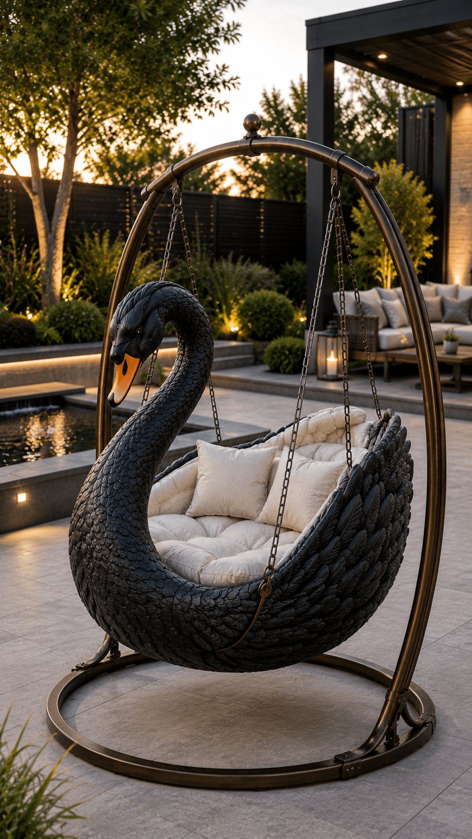 Luxury black swan hanging chair with plush cream cushions beside a contemporary garden pool and outdoor seating area.