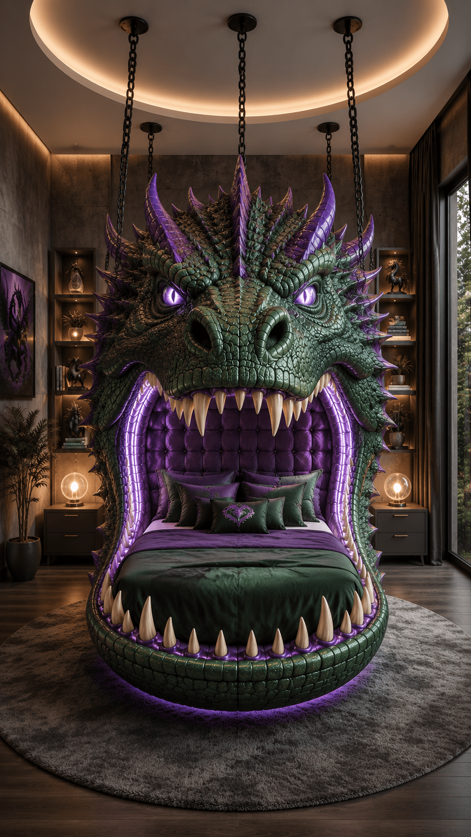 Green dragon head hanging bed with purple horns, glowing violet lighting and luxurious fantasy bedroom décor.