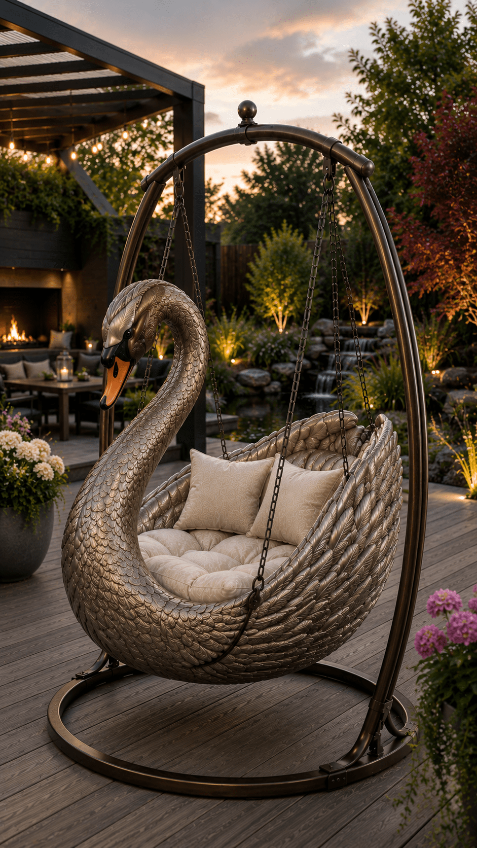 Metallic bronze swan hanging chair with feather detailing in a beautifully illuminated luxury garden at sunset.