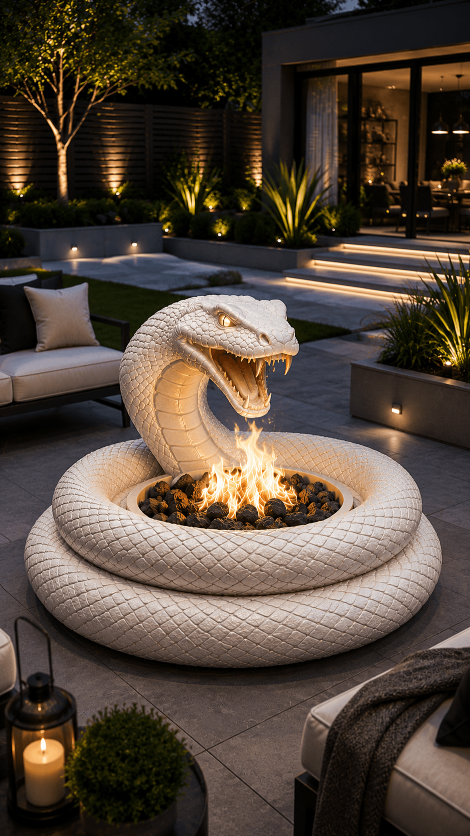 Elegant white snake fire pit sculpture with glowing fire surrounded by stylish outdoor seating and modern landscaping.