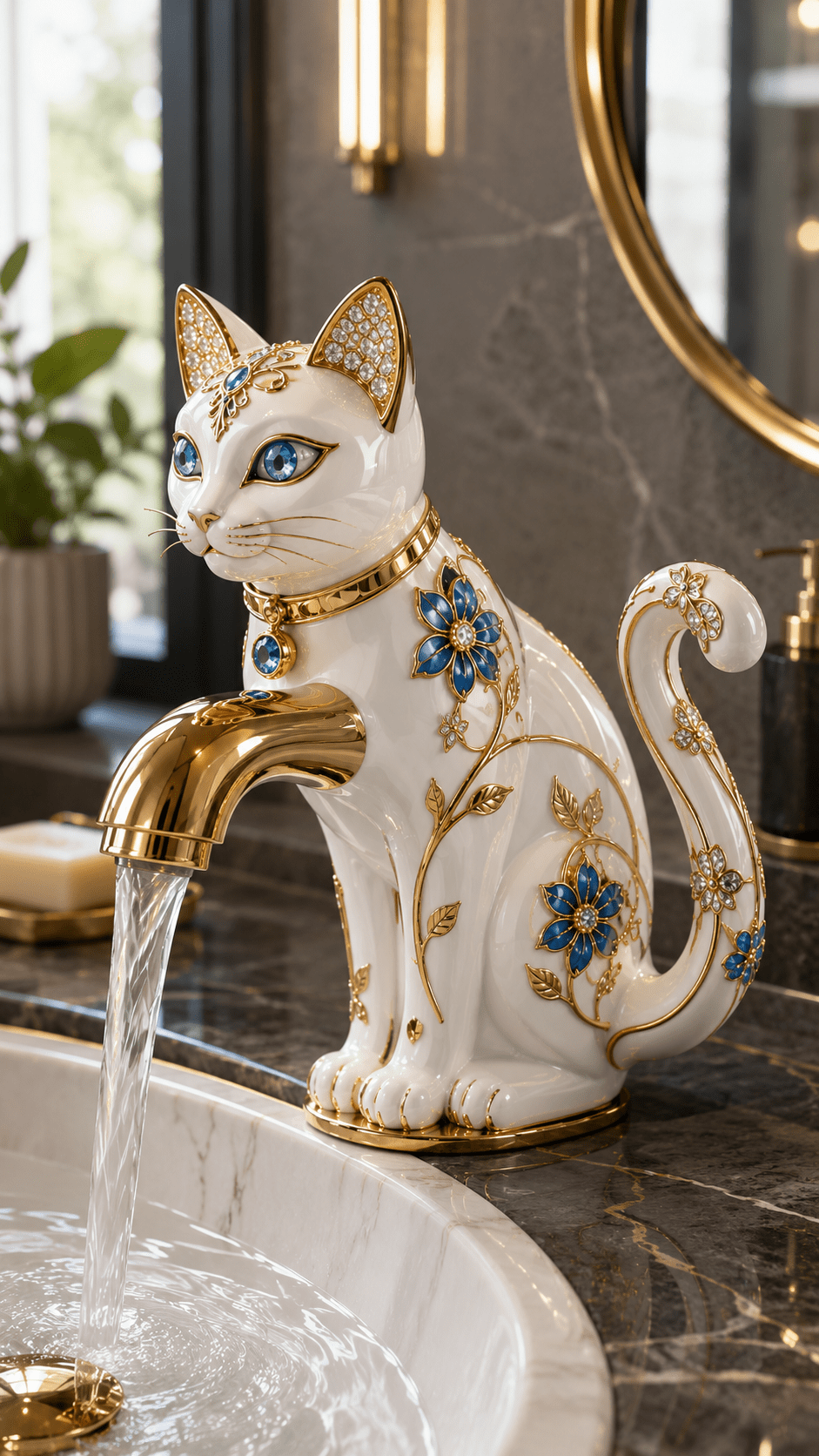 White ceramic luxury cat faucet decorated with blue floral details and gold accents in a contemporary bathroom.