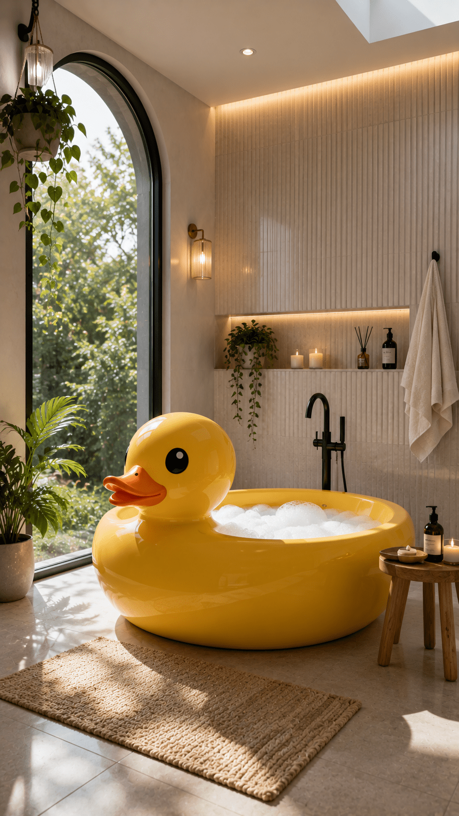 Contemporary Rubber Duck Bathtub beside a large arched window overlooking greenery in a stylish modern bathroom.