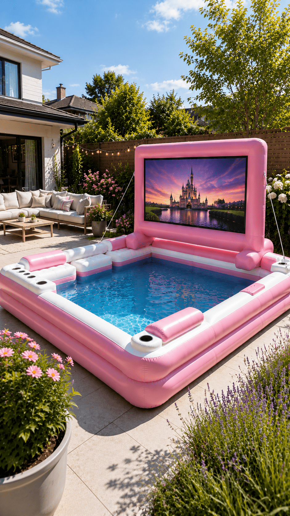 Pink inflatable movie screen pool with built-in outdoor cinema screen in a modern landscaped garden.