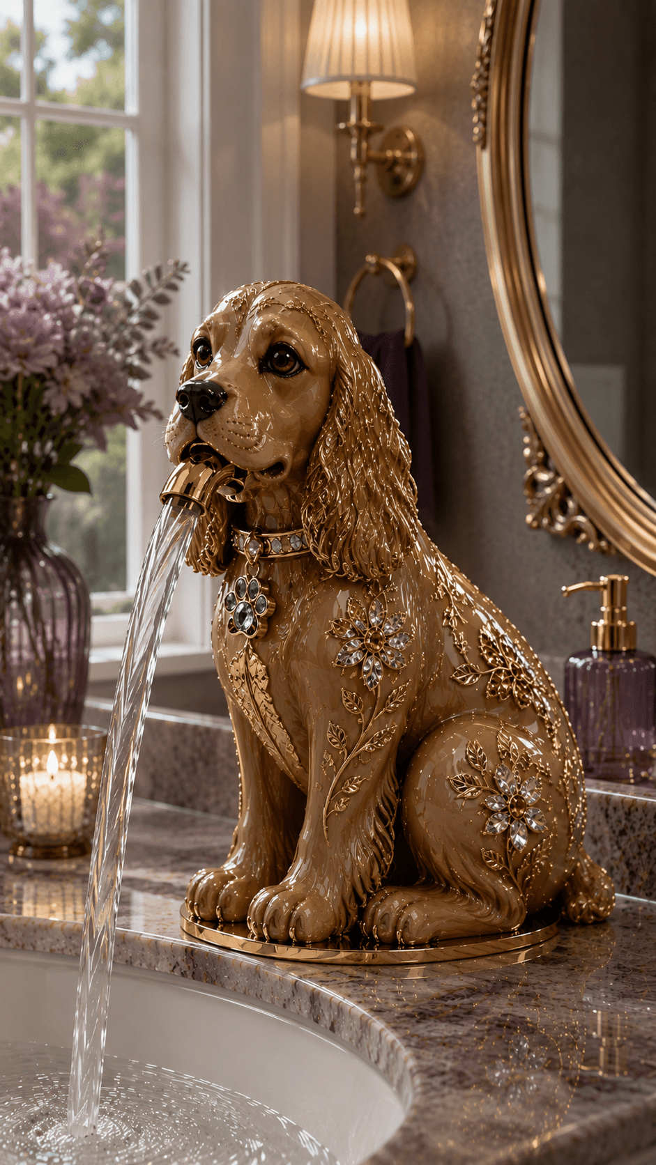 Luxury golden Cocker Spaniel dog faucet with gold floral detailing and water flowing into a modern bathroom sink.